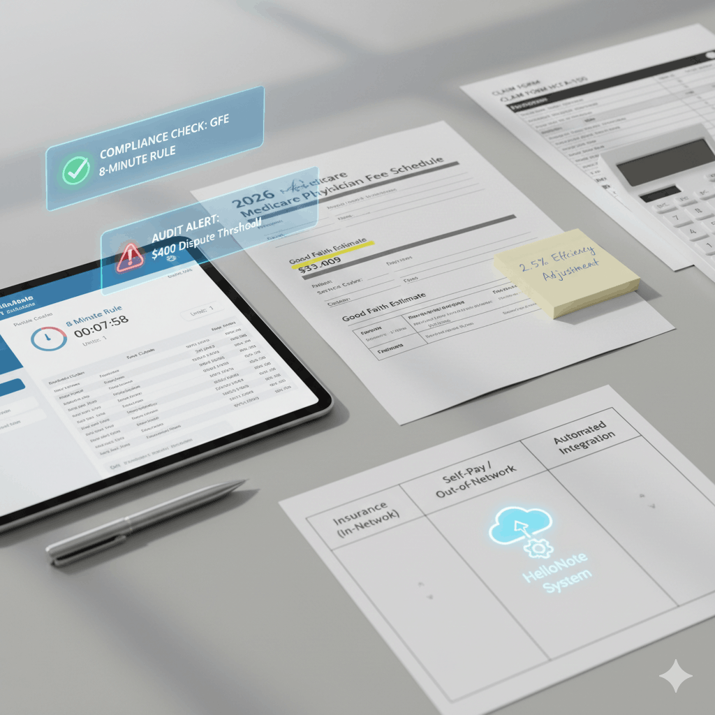 Physical therapist reviewing RTM billing codes CPT 97110 and 97140 on a tablet showing a $33.40 conversion factor. In the background, a patient performs therapeutic exercises in a modern 2026 clinic.