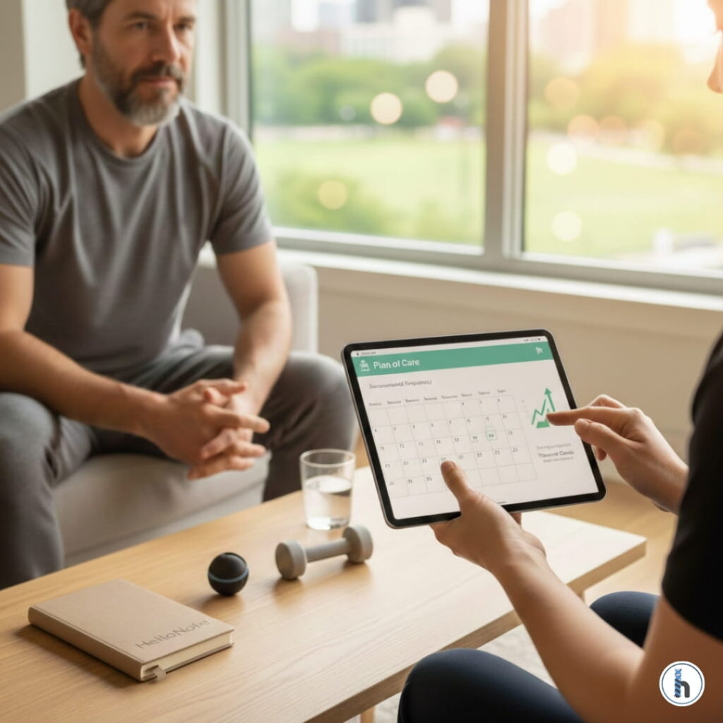Close-up of a massage therapist using a tablet to document a clinical plan of care with an older male client in a professional clinic.