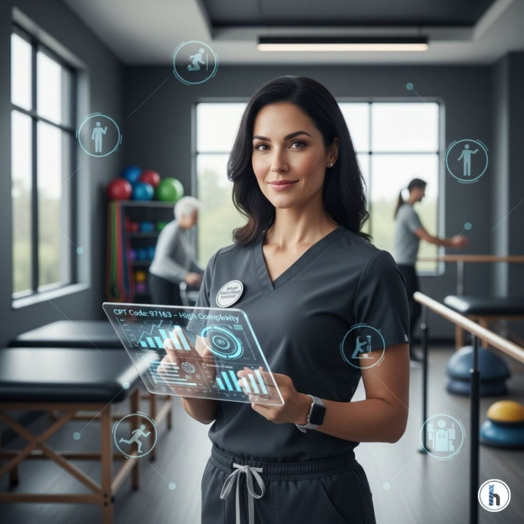 Board-certified Physical Therapist using a tablet to track CPT 97163 high complexity evaluation data for salary growth in a modern clinic.