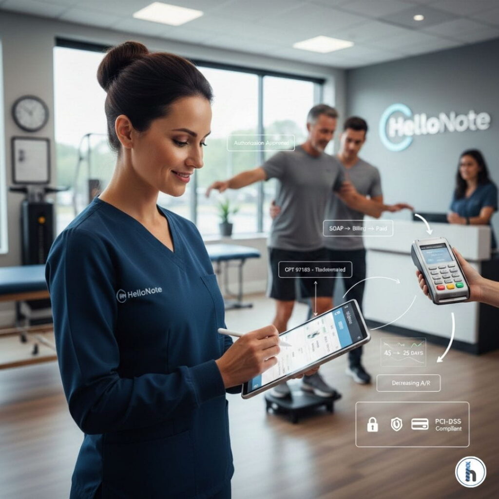 Female physical therapist in blue scrubs using HelloNote tablet to automate SOAP notes and CPT billing in a modern clinic with integrated payment terminals.