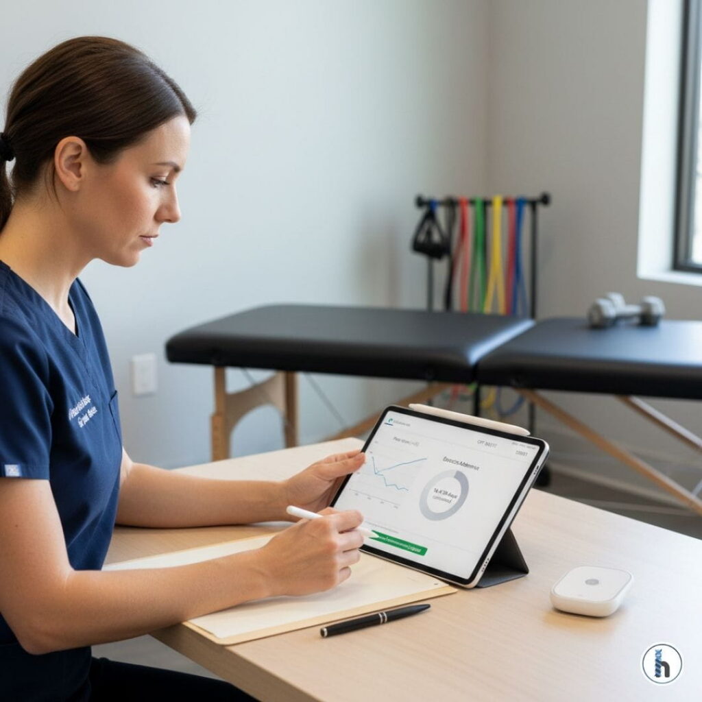 Physical therapist reviewing RTM dashboard on a tablet showing patient adherence for CPT 98977 and 98980. The realistic interface displays musculoskeletal range of motion graphs and a 16-day data transmission status in a modern clinic.