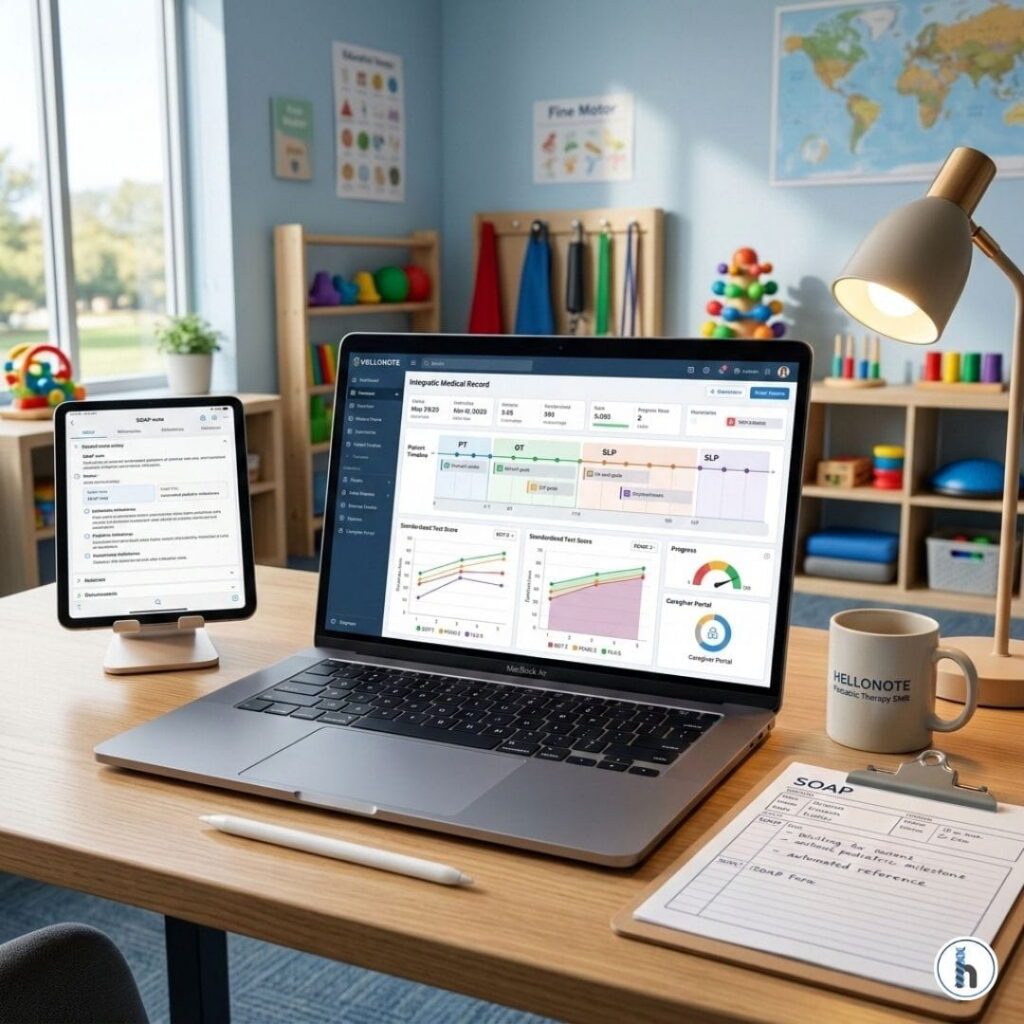 A hyper-realistic 1080x1080 photo of a modern pediatric therapy EMR workstation. A laptop displays integrated SOAP note efficiency with automated BOT-2 scoring. A tablet shows sibling record linking, and an automated clipboard summarizes Medicaid billing compliance rules. A Hellonote mug signifies practice management software optimization.