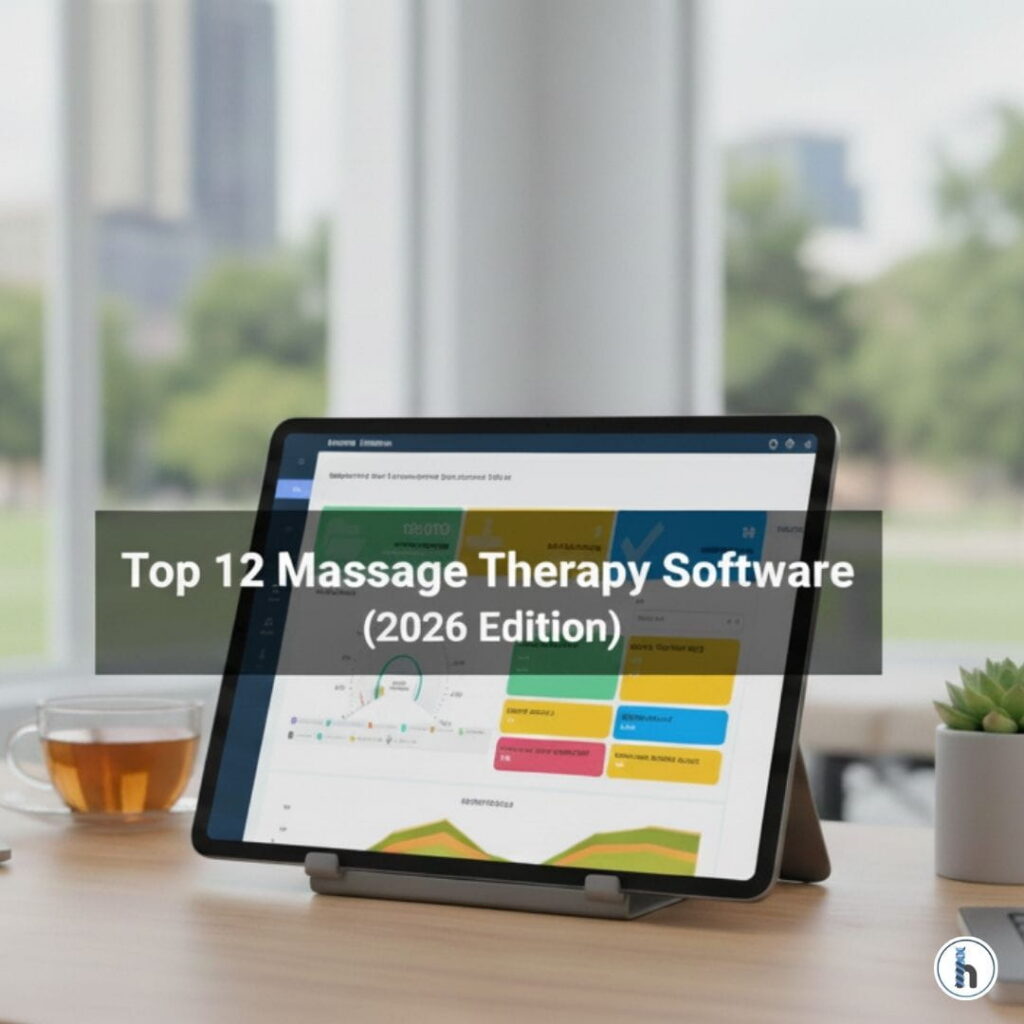 A sleek digital tablet on a desk displaying a dashboard for the Top 12 Massage Therapy Software solutions of 2026, showing practice management analytics and clinic efficiency tools.