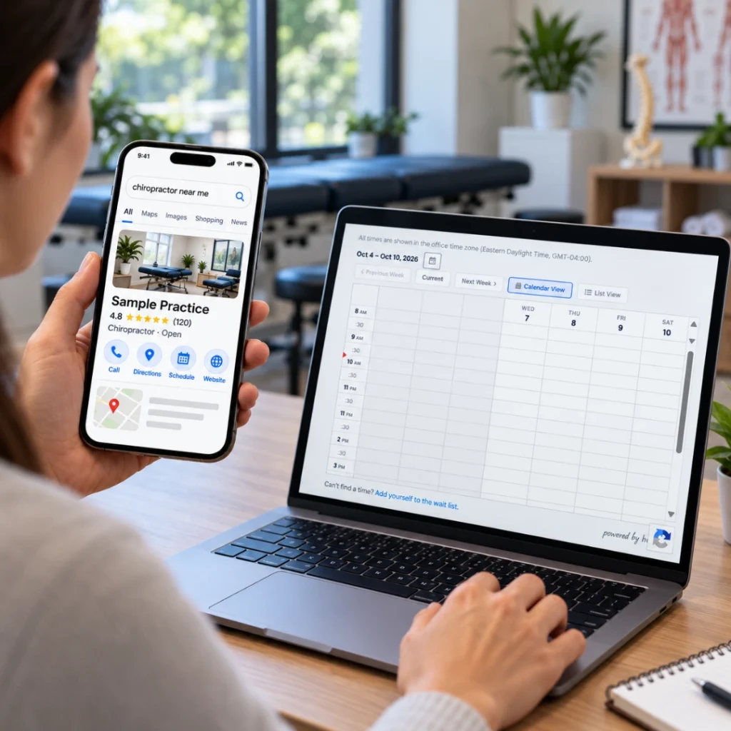 Patient using Google to book a chiro appointment through a chiropractic practice scheduling page