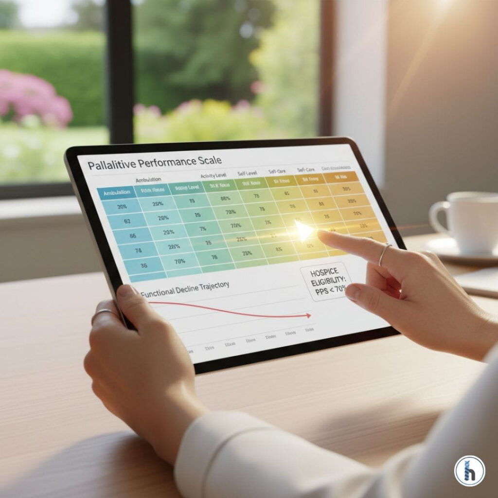 A clinician using a tablet to review a Palliative Performance Scale (PPS) chart, illustrating functional decline trajectories and hospice eligibility thresholds.