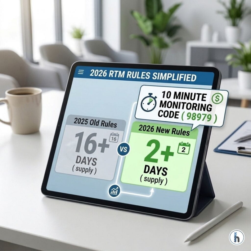 A 2026 RTM comparison chart on a digital dashboard showing simplified data transmission rules (2 days vs. 16 days) and the new 10-minute monitoring code (98979) for Medicare billing.