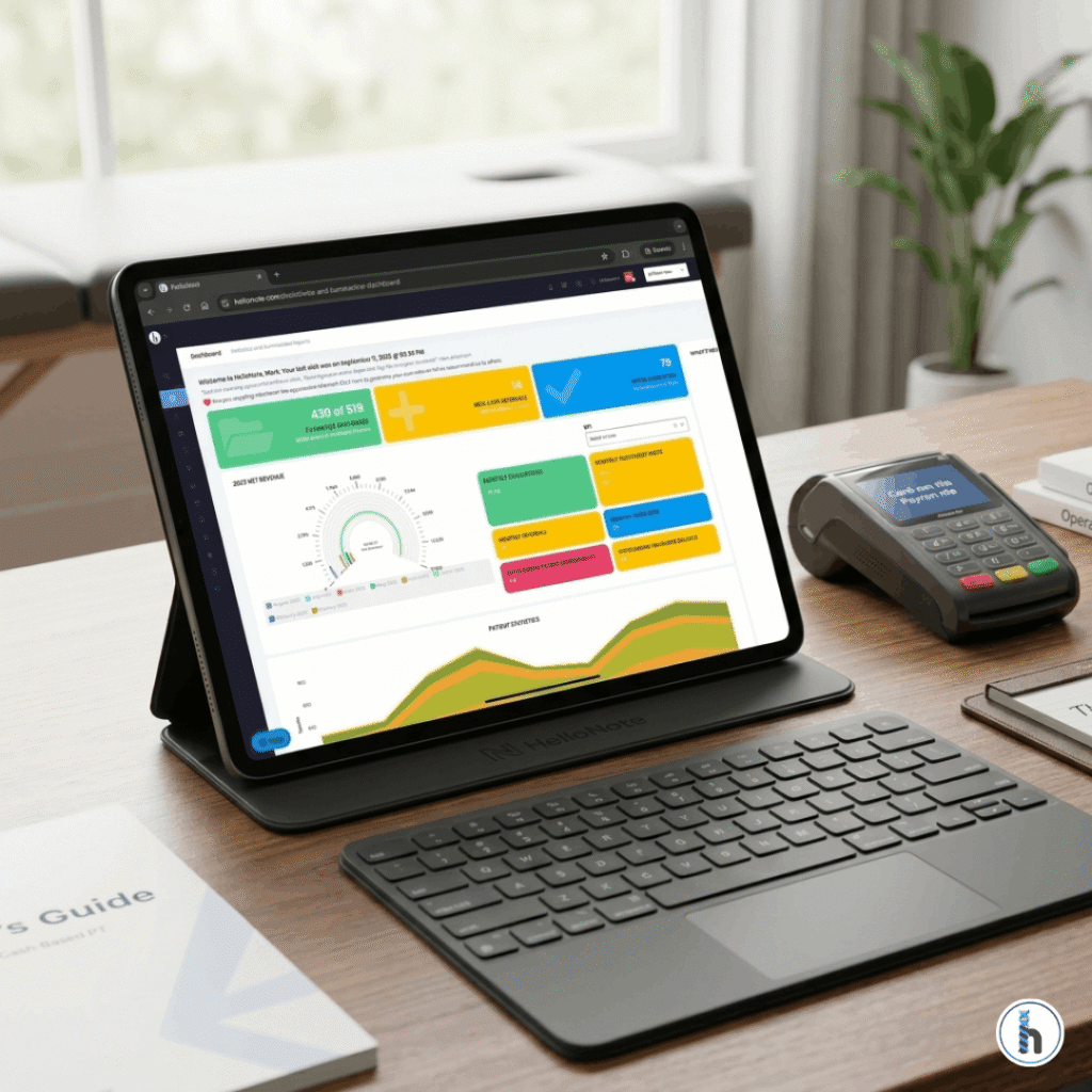HelloNote physical therapy EMR dashboard displayed on a tablet with a connected keyboard, sitting next to a wireless payment terminal and a 'Cash-Based PT Guide' on a modern clinic desk.