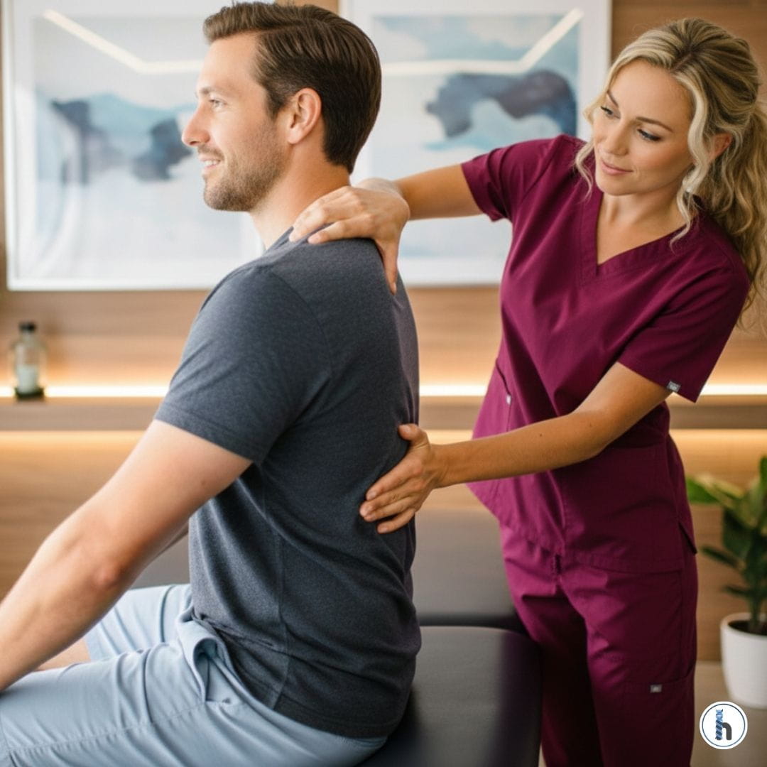 A professional female chiropractor performing a spinal adjustment on a male patient in a modern clinical setting.