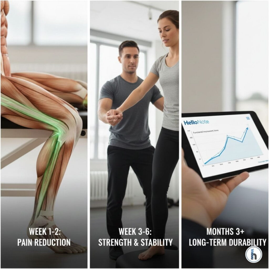 A three-part clinical infographic showing the physical therapy recovery timeline: starting with pain reduction in weeks 1-2, moving to strength and stability in weeks 3-6, and achieving long-term durability with HelloNote tracking at 3+ months.