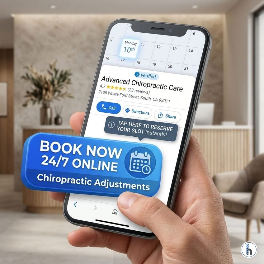 A 1080x1080 high-fidelity visual of a person's hand tapping the bright blue 'Book Online' button on a mobile Google Business Profile for a chiropractic clinic, integrated with the HelloNote patient scheduling portal.