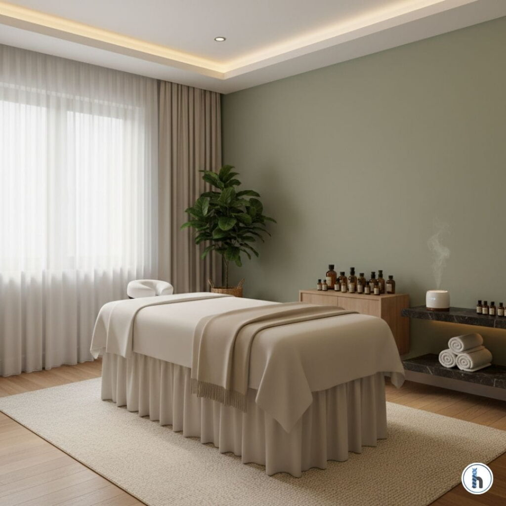 A hyper-realistic, professional massage room featuring a high-end treatment table with neutral linens, a large green plant, and a shelf with massage oils. This represents a prime opportunity to rent out a massage room in a therapy clinic for predictable passive income.