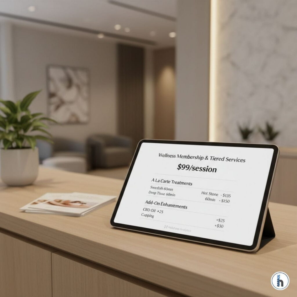 A digital tablet on a professional clinic reception desk displaying a massage therapy pricing strategy including wellness memberships, tiered services for deep tissue, and add-on enhancements like CBD oil and cupping.