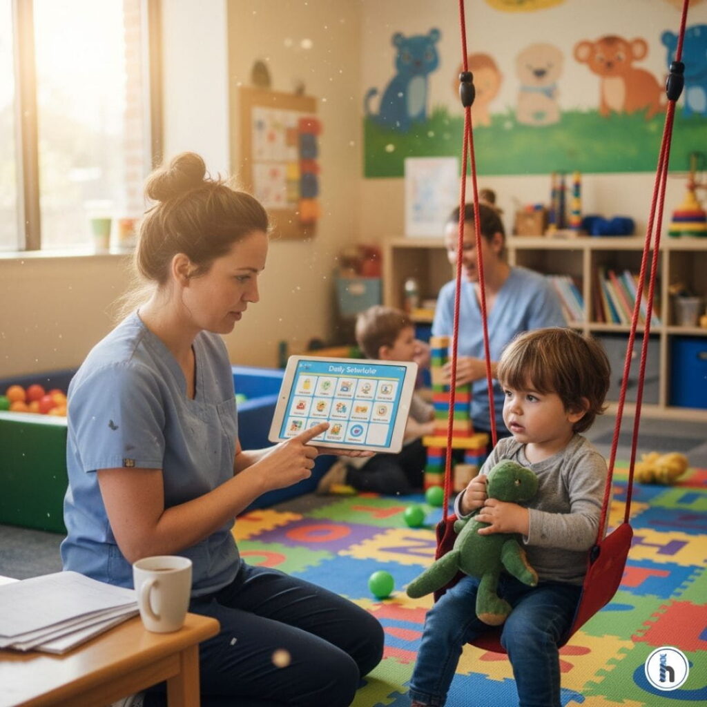 Pediatric speech therapist in blue scrubs using a tablet for AAC documentation while a child plays on a swing in a sensory-rich clinic.