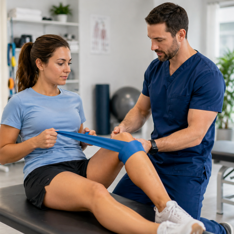 Physical therapist guiding patient through therapeutic exercise using resistance band for CPT 97110 knee strengthening