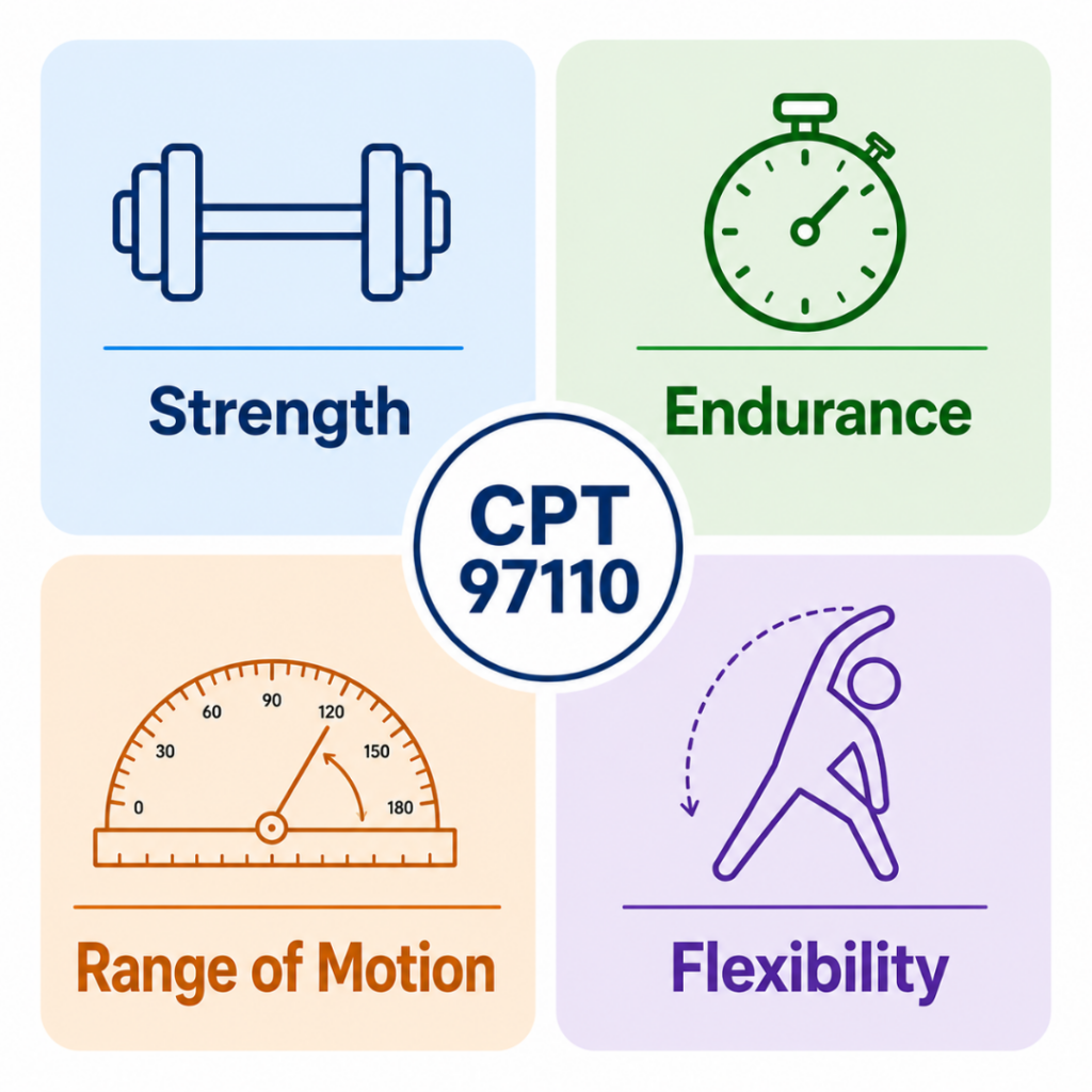 CPT 97110 therapeutic exercise — four qualifying outcomes: strength, endurance, range of motion, and flexibility