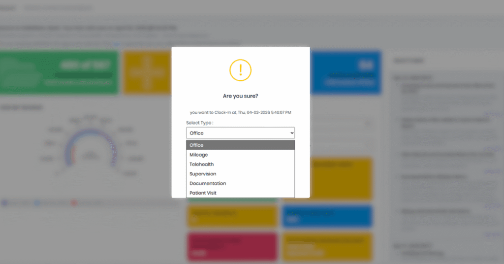 HelloNote EMR Clock In screen showing session type categories for PT clinic staff time tracking