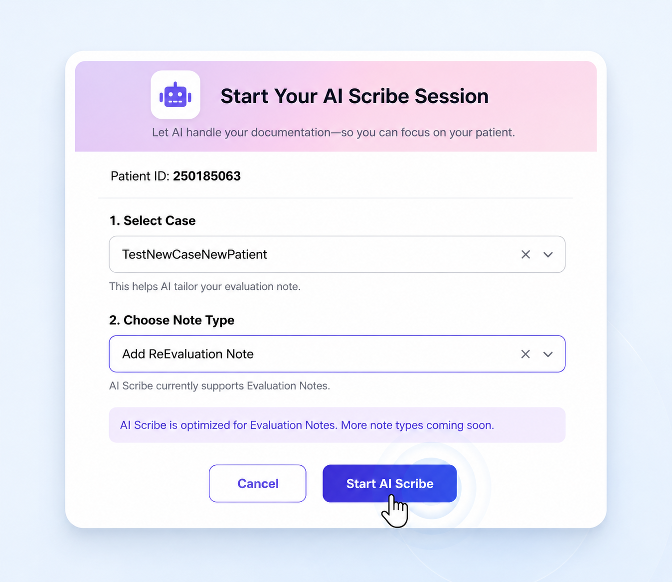 HelloNote AI Scribe start session screen