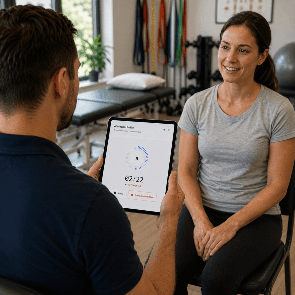 AI scribe for physical therapists recording a patient interview session in a modern therapy clinic using a tablet