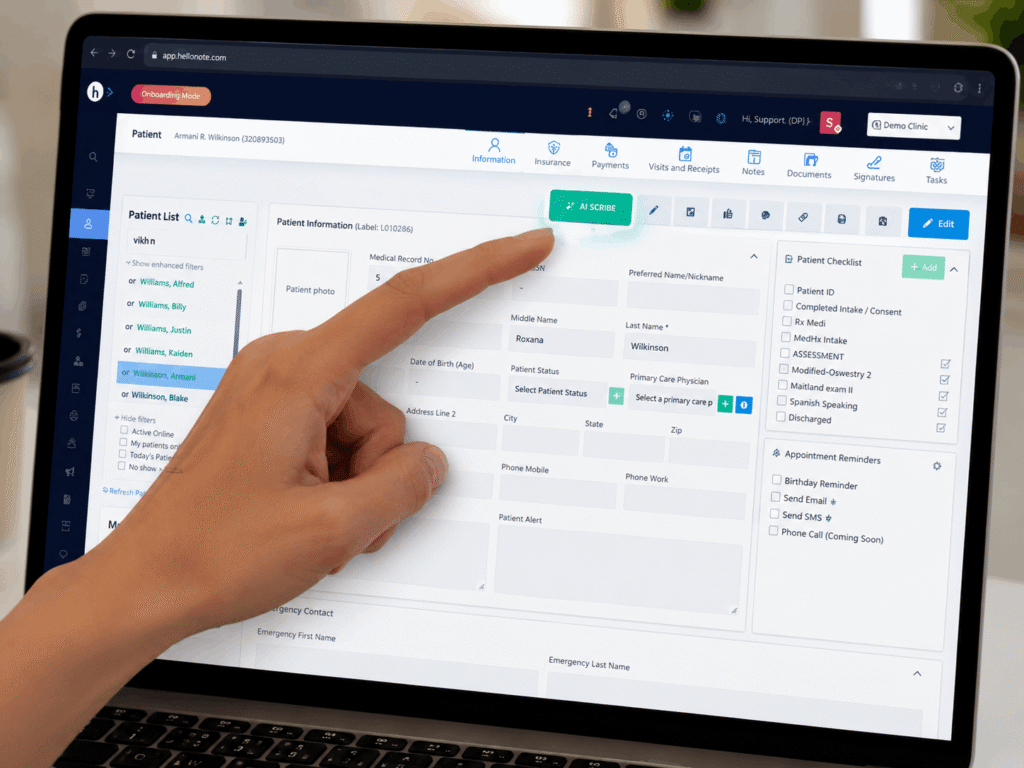 AI scribe for physical therapists integrated inside an EMR platform with focus on the AI Scribe button during patient documentation workflow