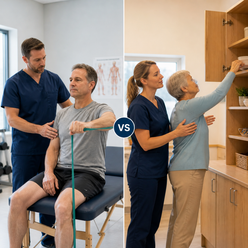 CPT 97110 therapeutic exercise versus CPT 97530 therapeutic activity showing resistance band exercise and functional overhead reaching in outpatient clinic