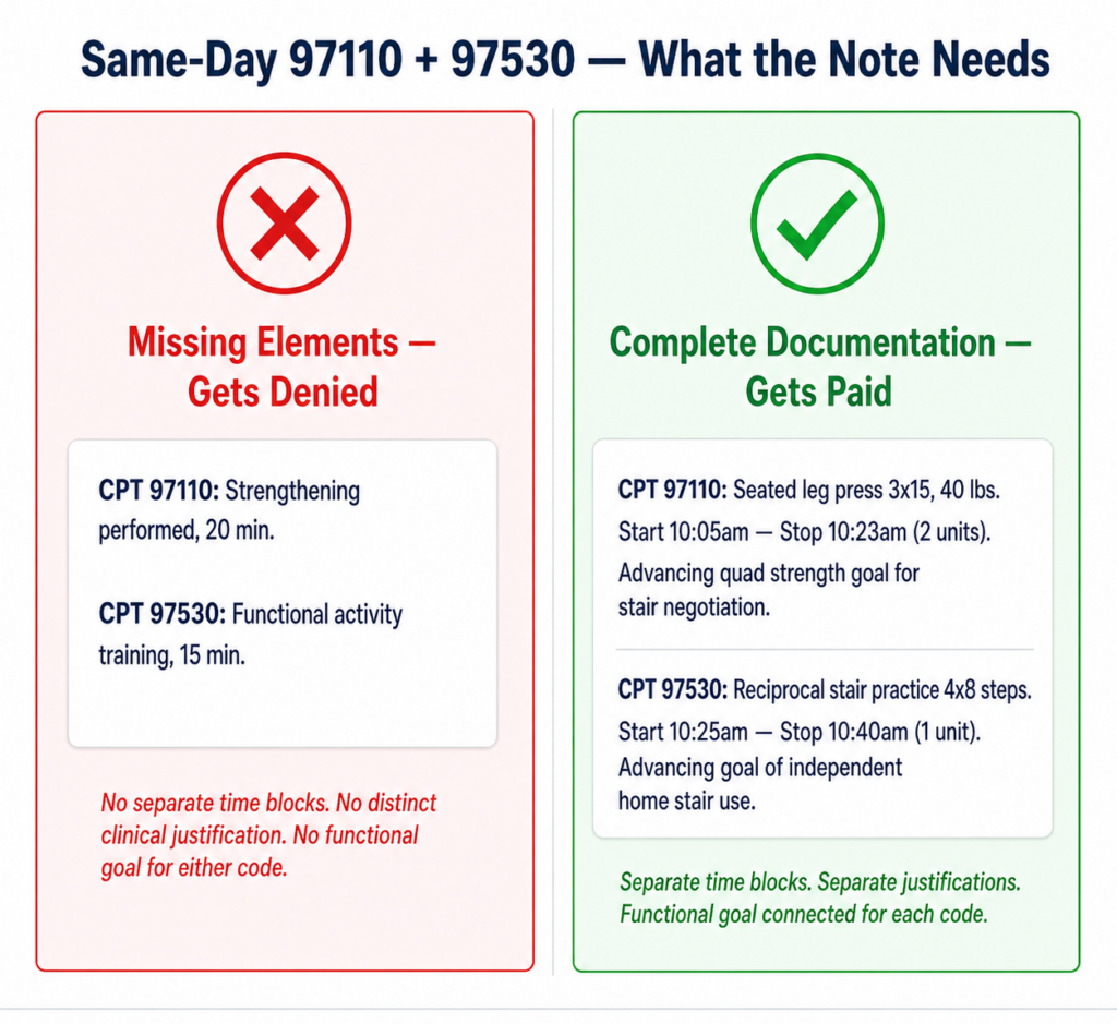Same-day CPT 97110 and 97530 documentation comparison showing denied note with missing elements versus paid note with separate time blocks and functional goal connections
