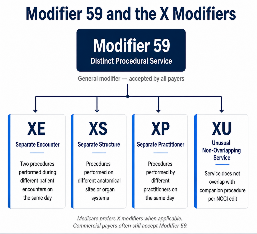 Modifier 59 and X modifiers XE XS XP XU comparison chart showing distinct procedural service definitions for physical therapy and occupational therapy billing