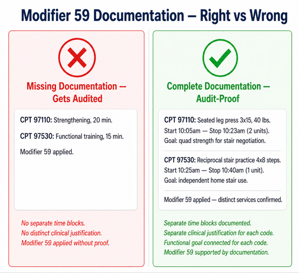 Modifier 59 documentation comparison showing missing documentation that gets audited versus complete audit-proof documentation with separate time blocks and functional goals for CPT 97110 and 97530