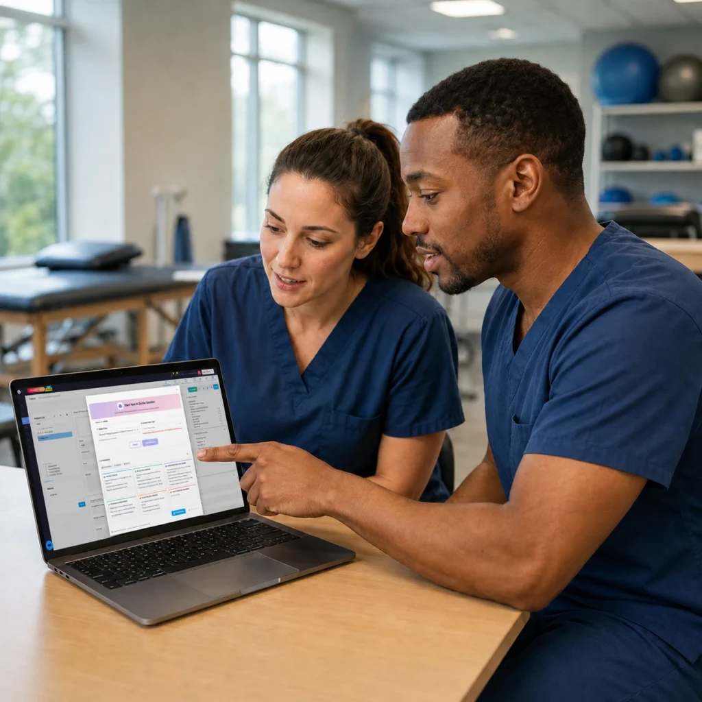 Two physical therapists reviewing an AI scribe interface on a laptop in a therapy clinic