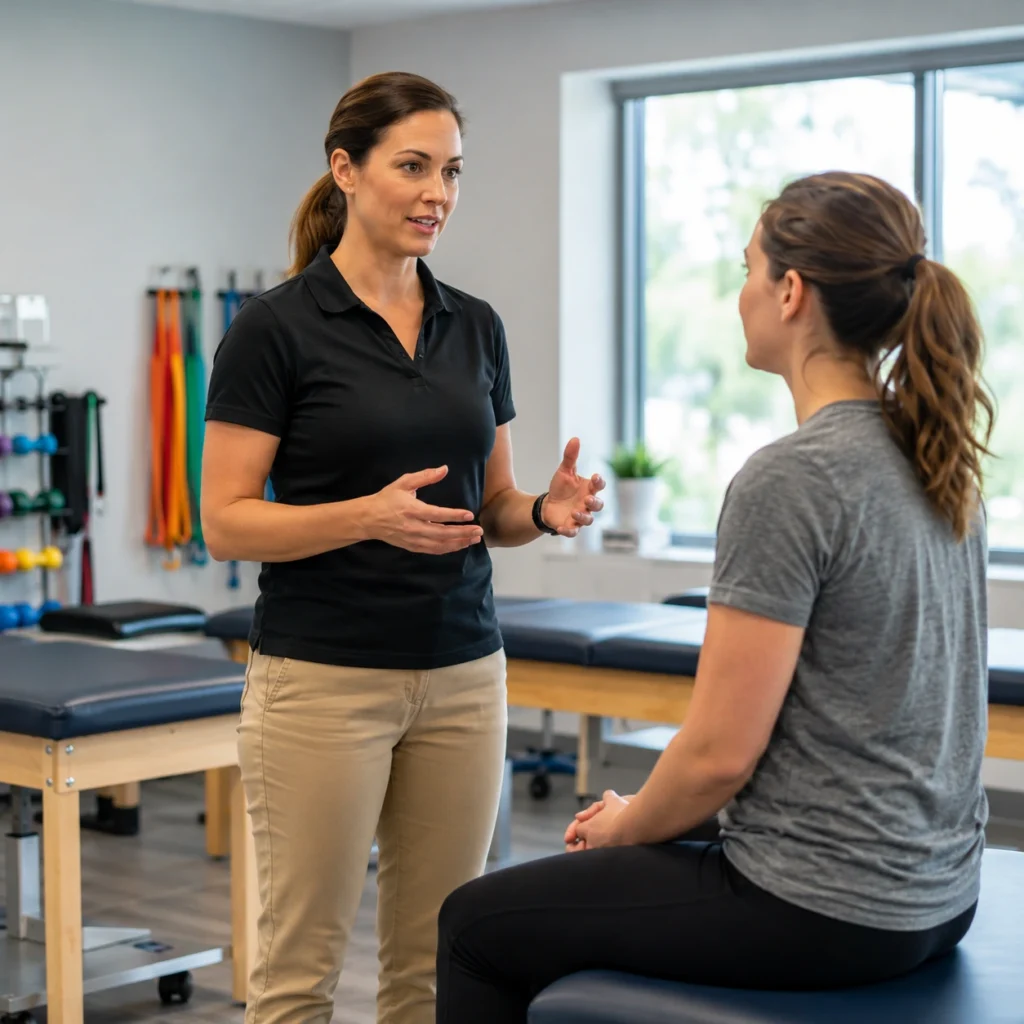 Physical therapist explaining AI scribe consent to a patient before a therapy session in a clinic