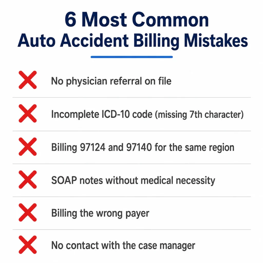 Infographic showing 6 most common auto accident billing mistakes for massage therapists including missing physician referral and incomplete ICD-10 codes