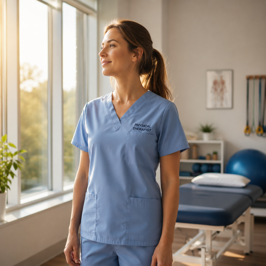 Physical therapist standing in a bright clinic after completing prior authorization documentation and therapy notes.
