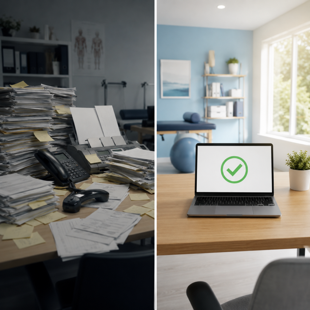 Split-screen image showing a cluttered paper-based therapy documentation process beside a clean digital therapy EMR workflow with a laptop and checkmark.