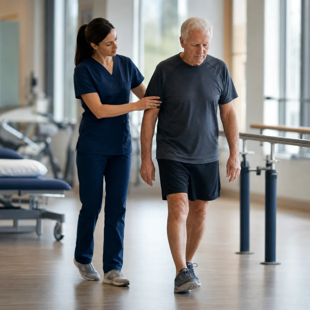 Physical therapist in navy scrubs providing hands-on gait facilitation and postural cueing to elderly male patient during CPT 97112 neuromuscular reeducation session in physical therapy clinic