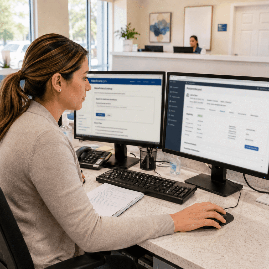 Front desk staff manually verifying Medicare eligibility through MAC portal and EMR system during HETS enrollment disruption