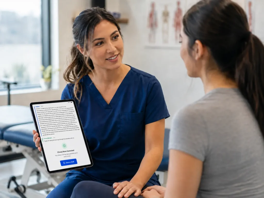 Physical therapist in blue scrubs holding a tablet showing HelloNote AI Scribe clinical note generated screen while sitting with a patient in a therapy clinic