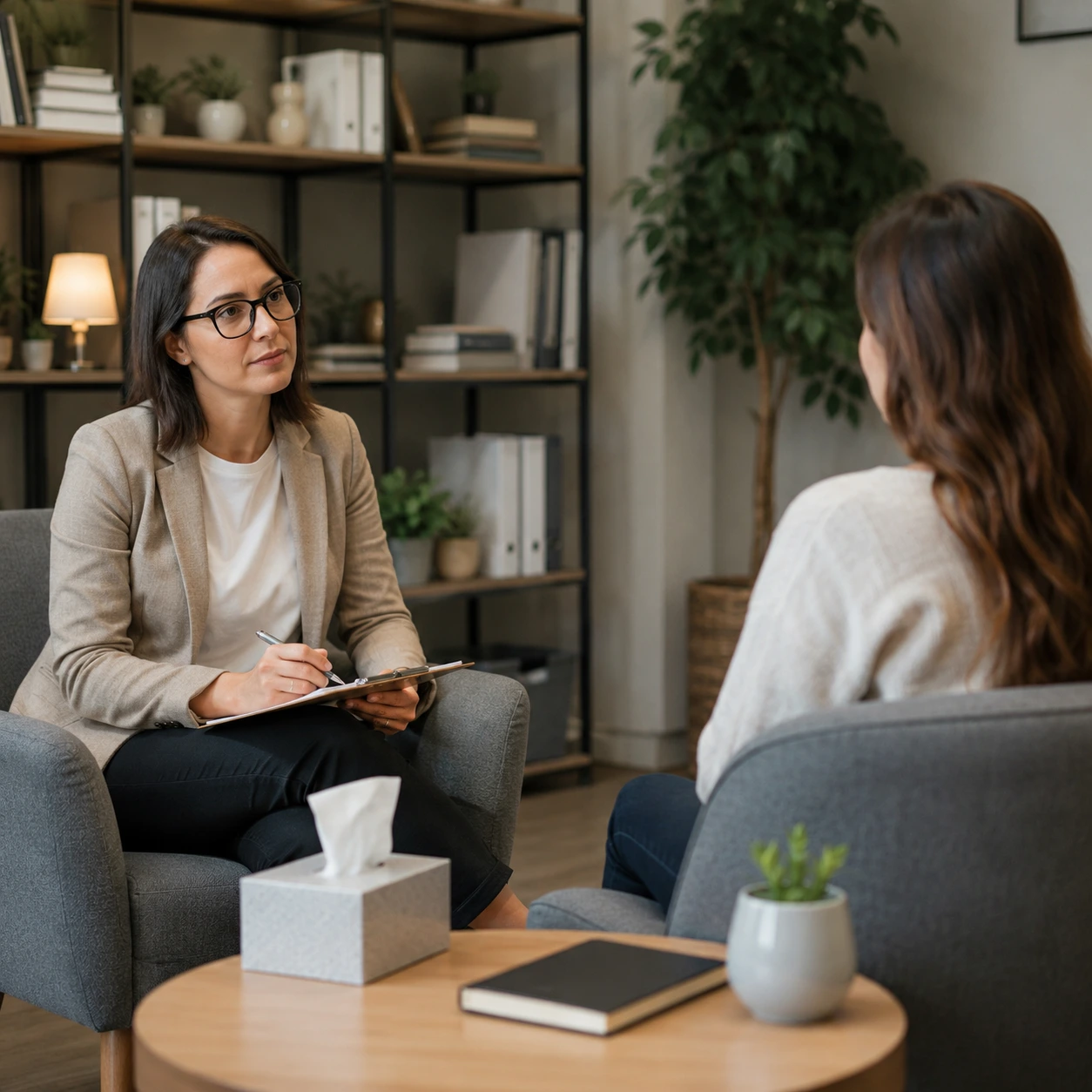 Behavioral health provider meeting with a patient in a counseling session using a Behavioral Health EMR workflow.