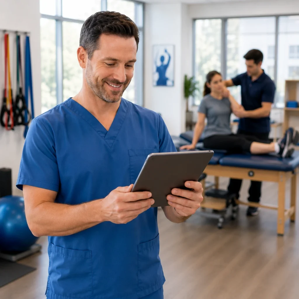 Therapy practice owner in blue scrubs smiling while reviewing a successful billing dashboard on a tablet in a busy physical therapy clinic