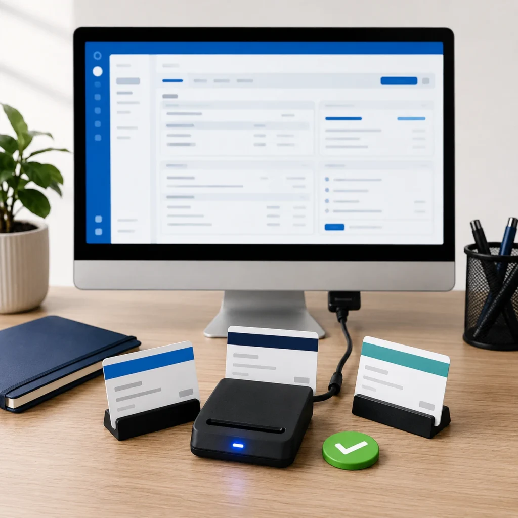 Card reader connected to a computer with three insurance cards representing different clearinghouse options, illustrating the best clearinghouse for medical billing
