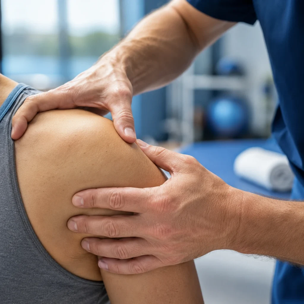 Physical therapist's hands performing joint mobilization on a patient's shoulder during a manual therapy session