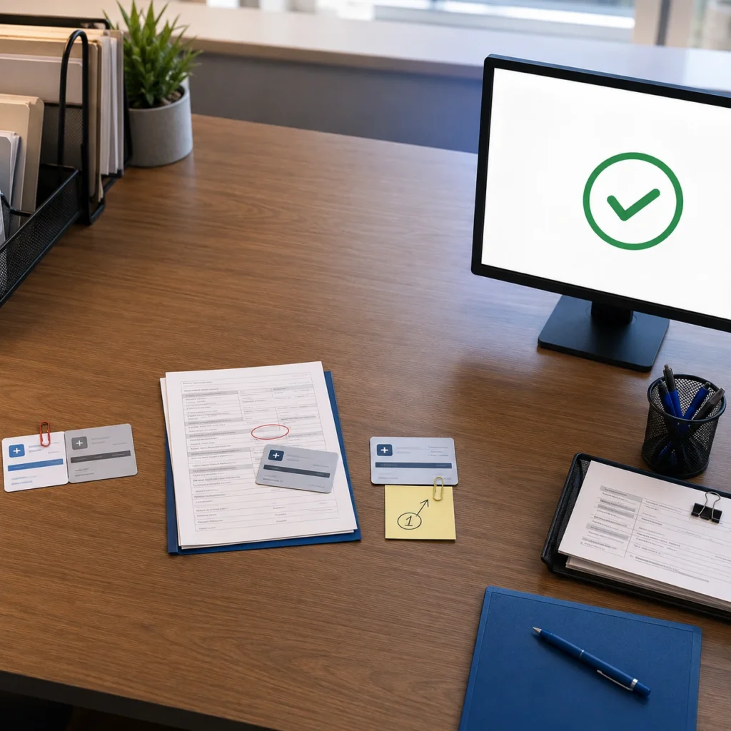 Desk scene showing insurance card mismatches, a corrected patient form, and a payer ID note resolving into a verified checkmark on screen