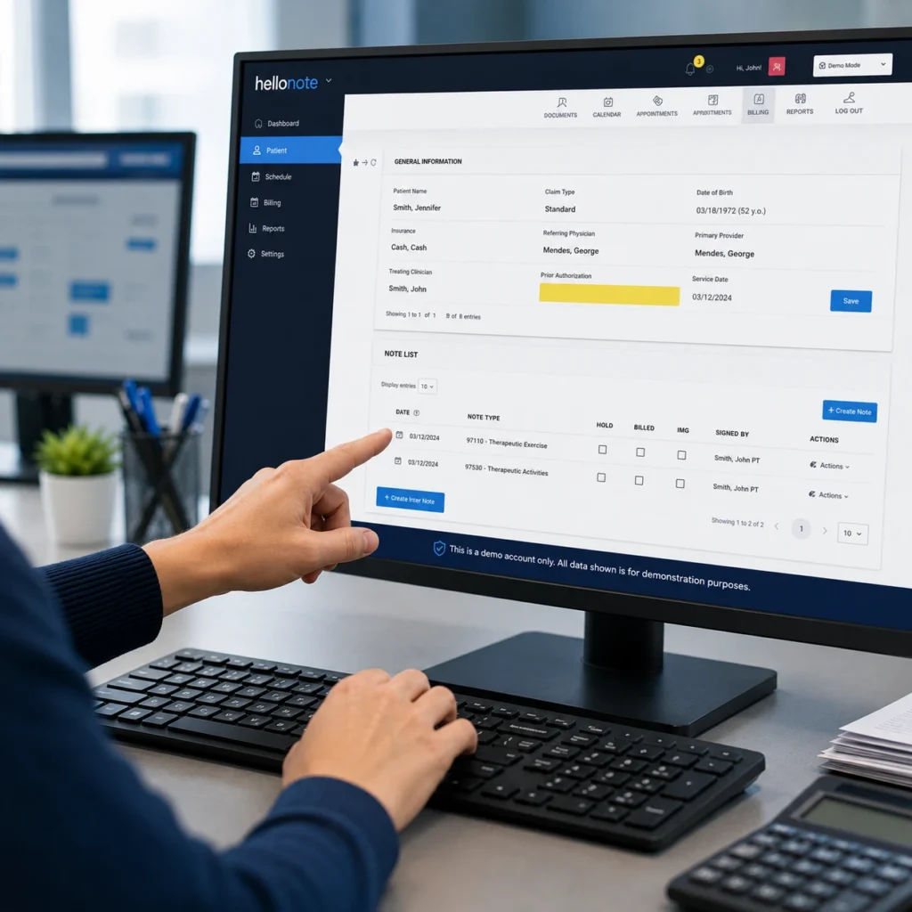 HelloNote billing dashboard showing a patient record and treatment note list during a documentation review