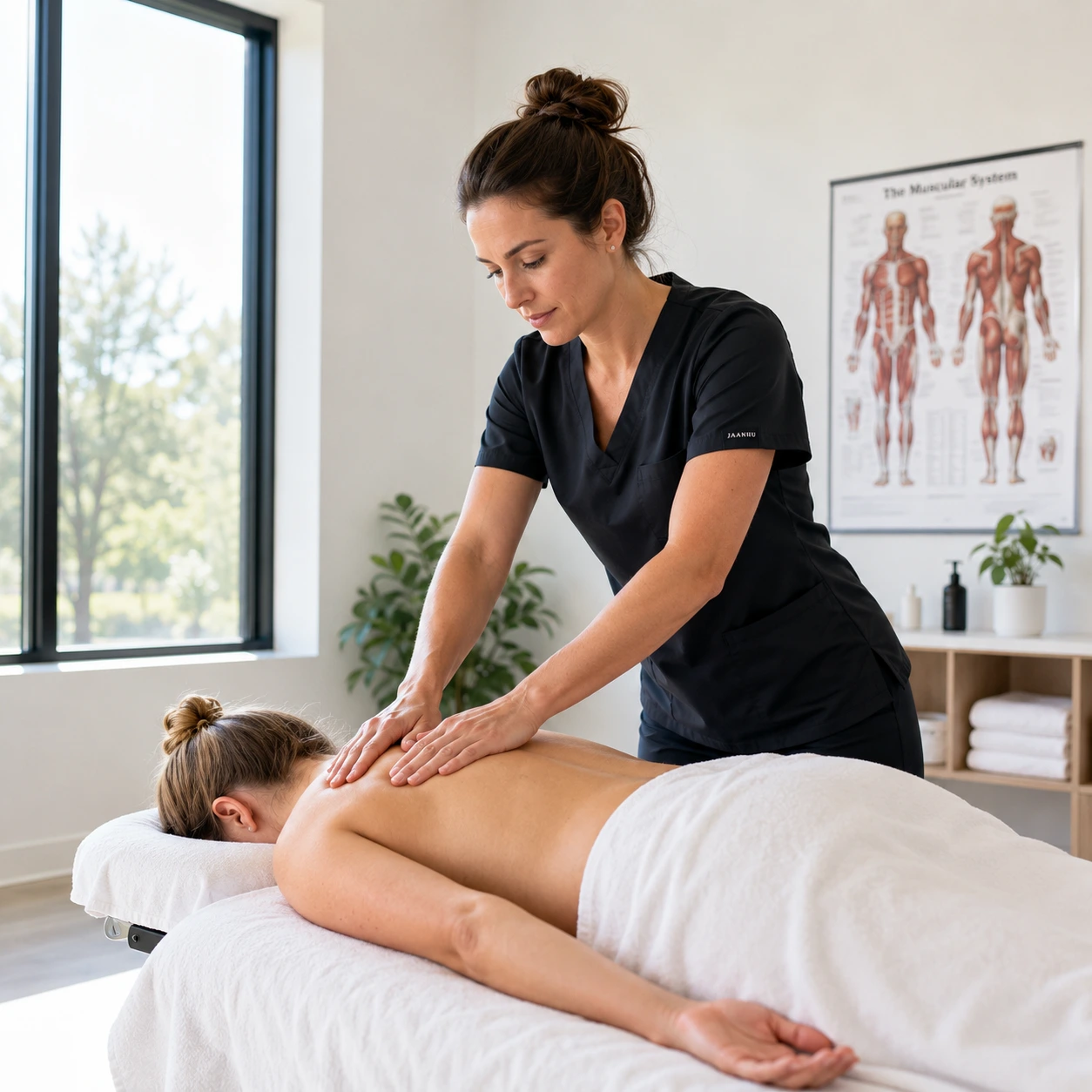 Massage therapist in dark scrubs performing back massage on client in modern massage therapy software practice