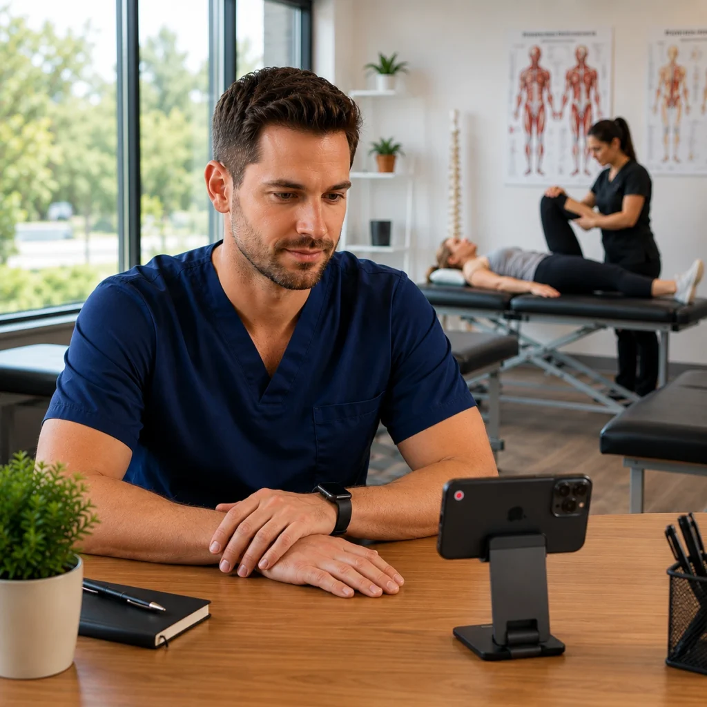 Physical therapist in navy scrubs monitoring an AI scribe recording on a smartphone in a modern outpatient therapy clinic