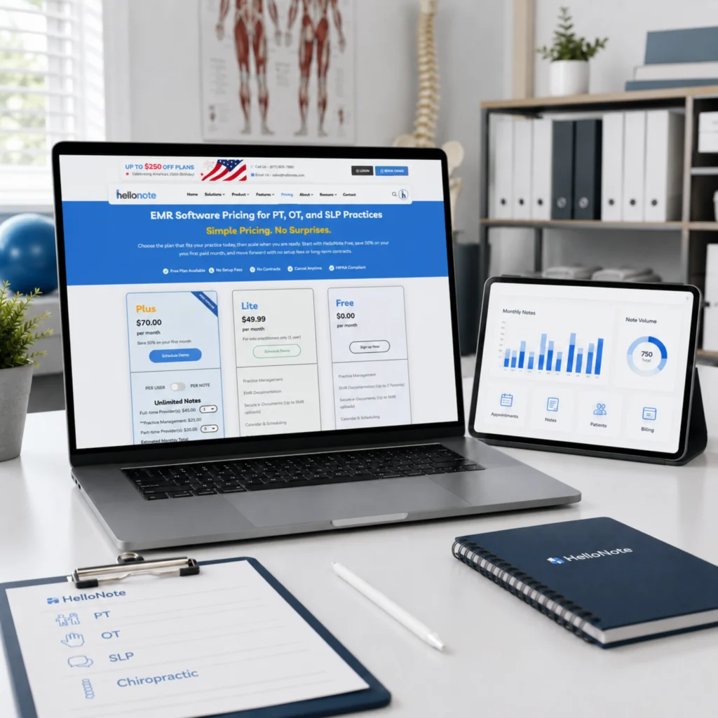 HelloNote EMR pricing page showing per-user and per-note pricing options for PT, OT, SLP, and chiropractic therapy practices.