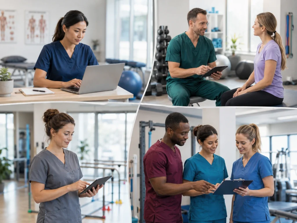 Therapists in different clinics using tablets and laptops to manage documentation, showing therapy practices that may benefit from per-note EMR pricing.