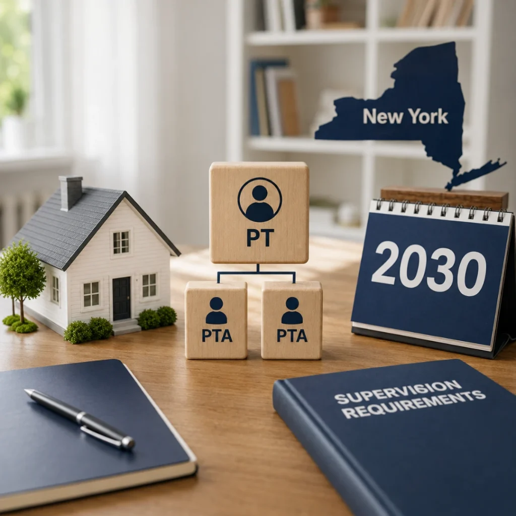 New York PTA supervision requirements illustrated with one PT supervising two PTAs for home care through 2030