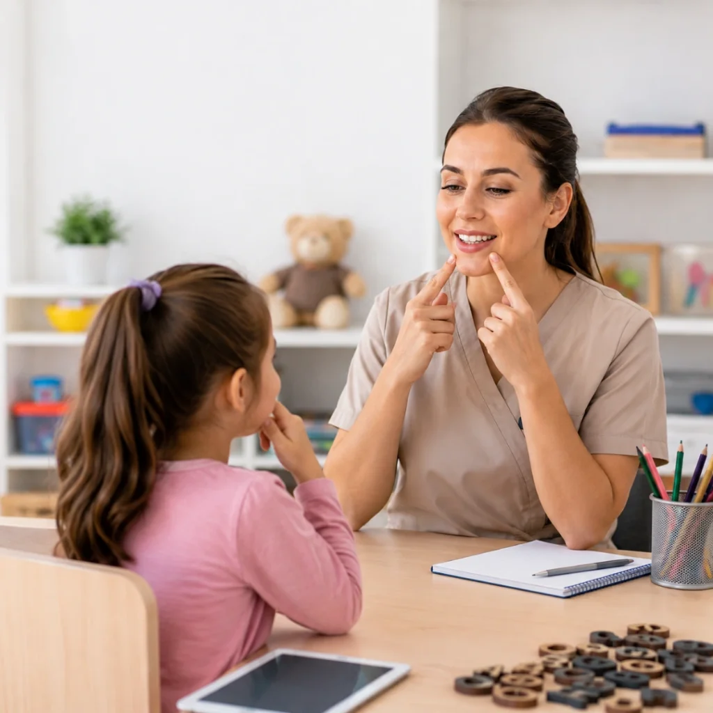 Pediatric speech-language therapist working with a child in a therapy room, representing the proposed pediatric SLP G-code GSLPP, CPT 92507 replacement, SLP billing codes 2027, and speech therapy documentation preparation.