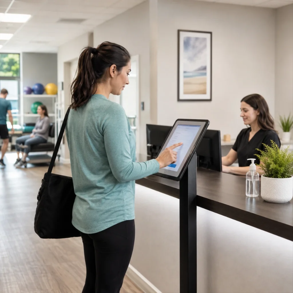 Patient using a tablet check-in kiosk at a therapy clinic front desk, representing selfPatient using a tablet check-in kiosk at a therapy clinic front desk, representing self-service patient check-in, digital intake forms, patient information updates, and reduced front desk workload.