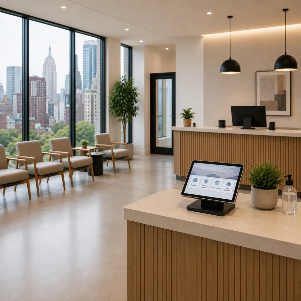 Modern therapy clinic in NYC with a tablet kiosk on the reception counter for patient checkout, payments, scheduling, and feedback.