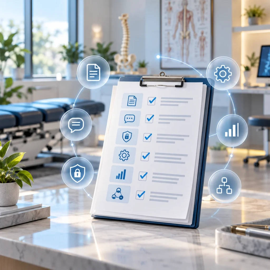 AI evaluation checklist for chiropractors showing documentation, privacy, workflow, reporting, and integration criteria in a modern chiropractic clinic.